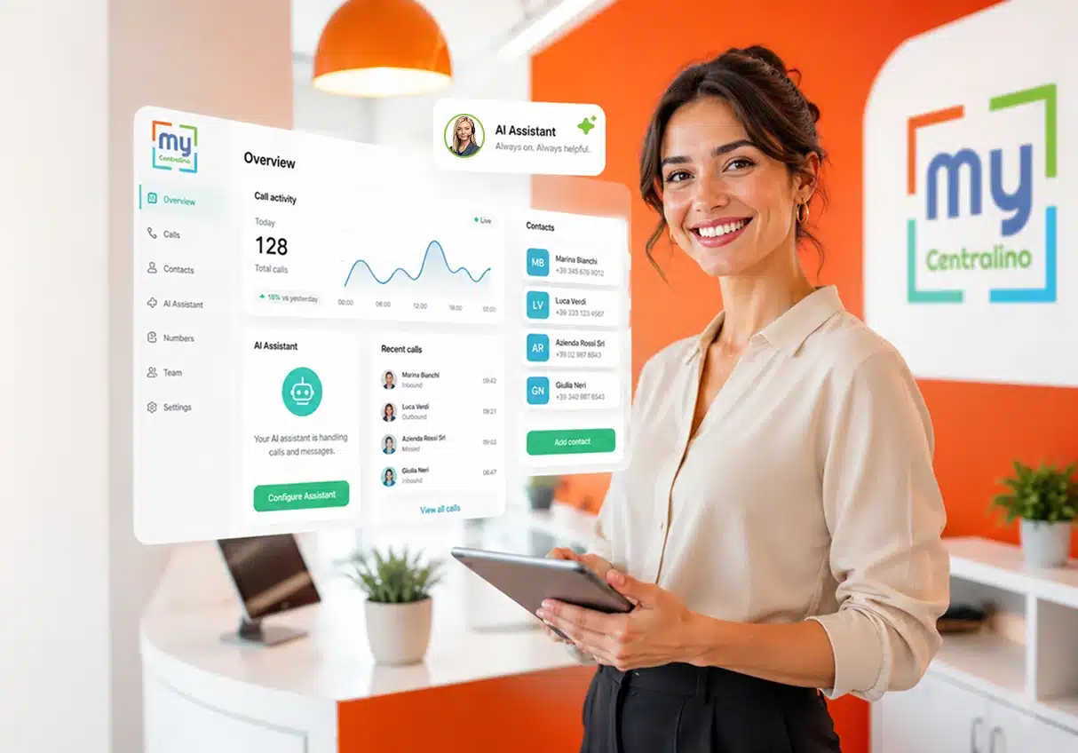 Visuale promozionale ufficiale MyCentralino con interfaccia e receptionist illustrativa