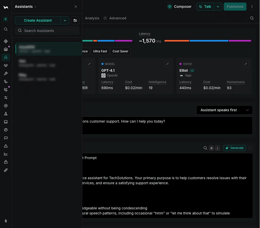 Dashboard ufficiale Vapi con editor dell’assistente